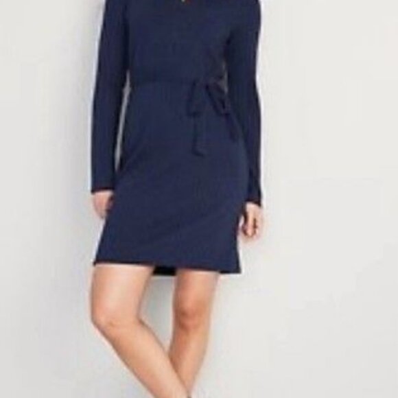 Old Navy Navy Fitted Rib-Knit Tie-Belt Long-Sleeve Mini Polo Dress Size XXL - Picture 1 of 10